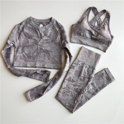 3PCS Camo Seamless Yoga Set Sports Wear  Women Fitness Clothing Yoga Leggings+Sport Bra+Long Sleeve Crop Top Gym Sports Suits